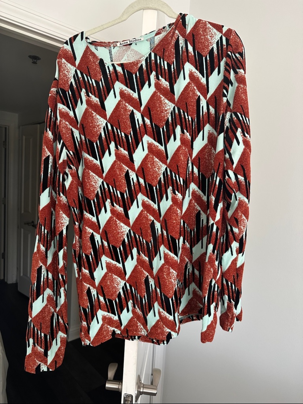 Acne Studios Rust Orange, Mint & Black Geometric Knit Top